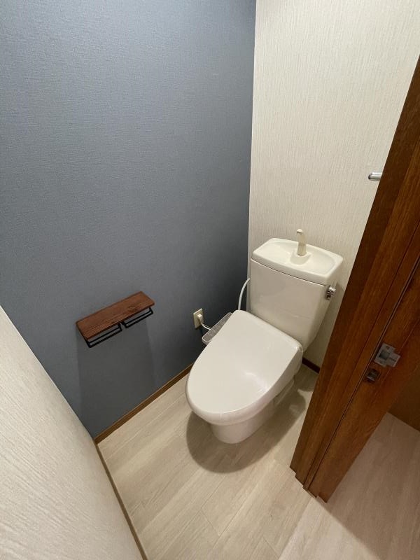 トイレは温水洗浄便座と棚付き2連紙巻き器付き